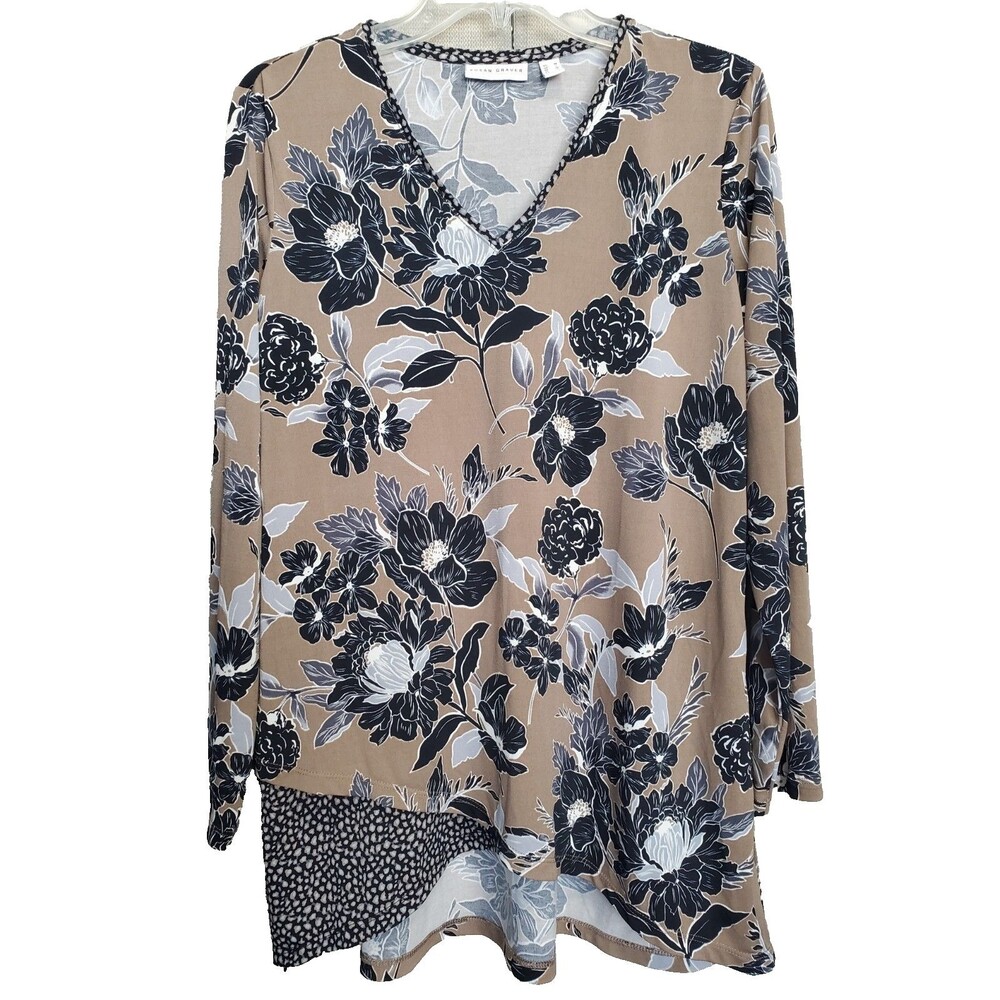 Susan Graver LiquidKnit Crossover Hem Floral Print V-Neck Tunic Size Medium